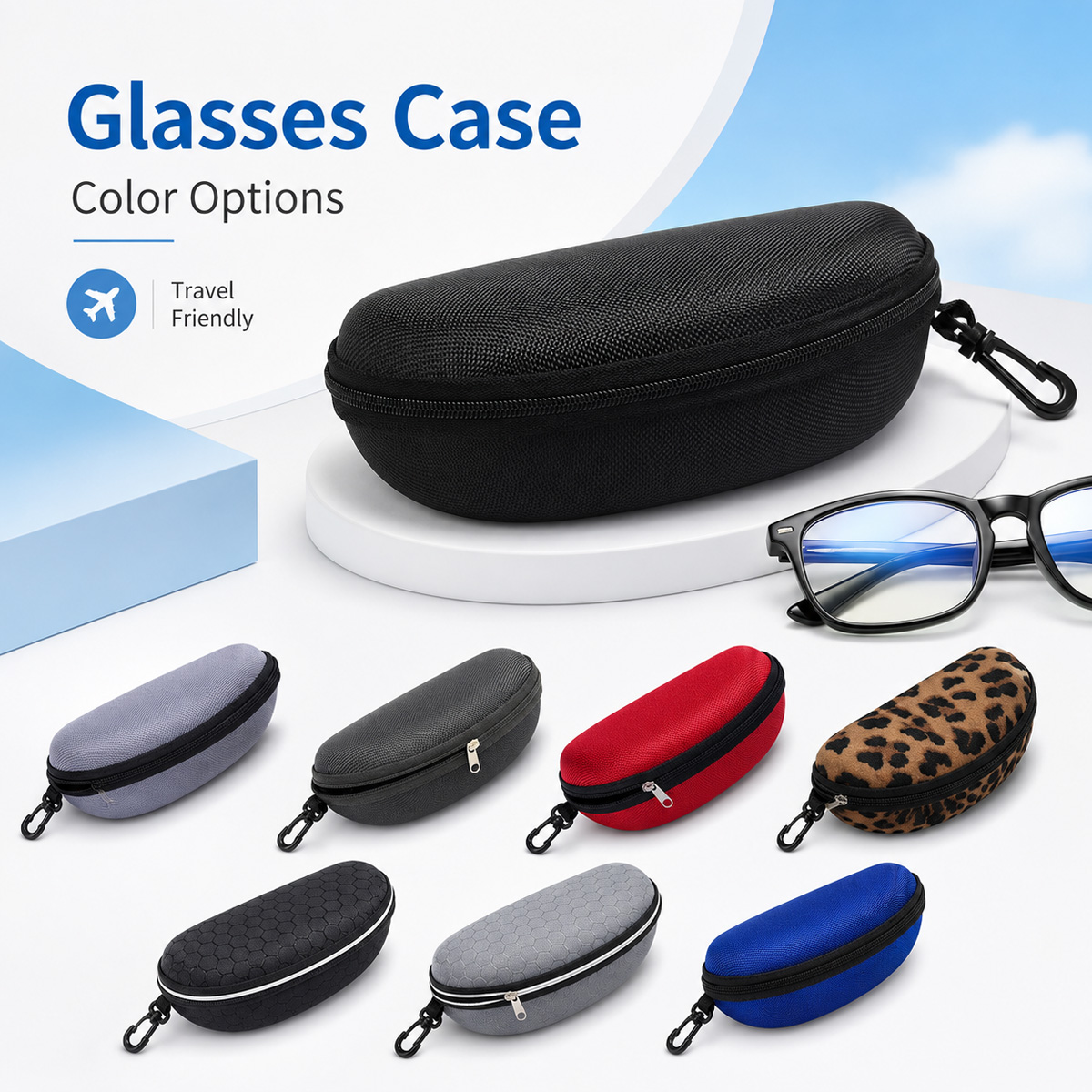 Travel Reading Accessories - กล่องเก็บแว่นตาแบบแข็งป้องกัน พร้อมซิปพกพาสะดวก มาพร้อมคลิปคาราบิเนอร์ เหมาะสำหรับแว่นกันแดด แว่นสายตา แว่นอ่านหนังสือ