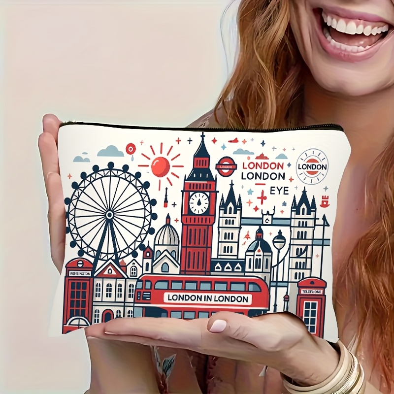 Travel Accessories London - ลอนดอน บิลดิ้ง พาทเทิร์น,กระเป๋าแต่งหน้าสำหรับเดินทางอเนกประสงค์, กระเป๋าใส่ขนมฉุกเฉิน, กระเป๋าเก็บของซิปโพลีเอสเตอร์ที่ทนทาน,