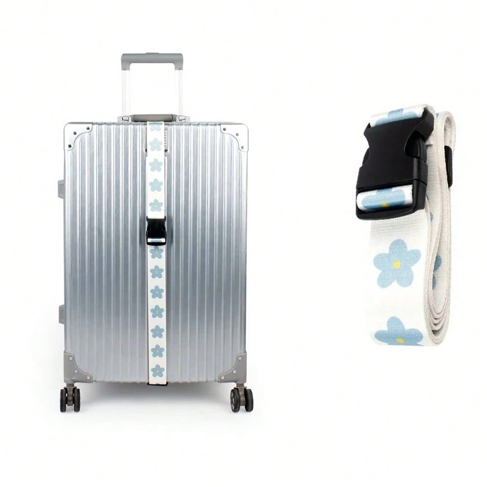 Luggage Strap Belt - สายรัดกระเป๋าเดินทางแบบพลาสติก, สายรัดกระเป๋าเดินทางแบบปรับได้ลายดอกไม้, ตัวล็อคแบบหัวเข็มขัด, สีดำลายดอกไม้สีขาว