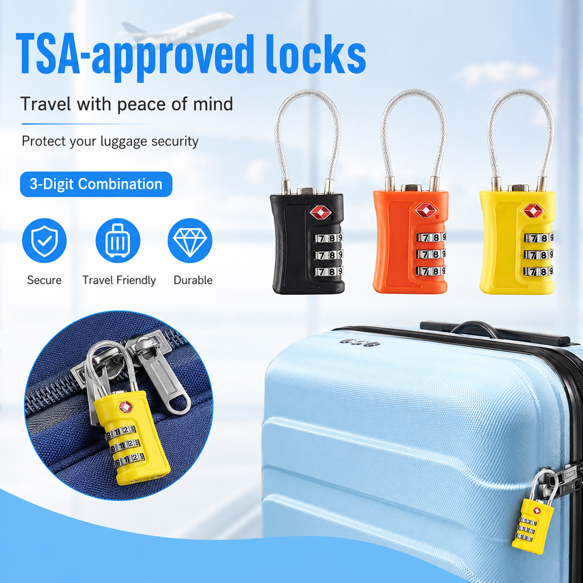 Travel Lock Tsa Approved - TSA ได้รับการอนุมัติสำหรับล็อคกระเป๋าเดินทาง 3 หลัก รหัสผ่านแบบสายเคเบิลสำหรับกระเป๋าเดินทาง กระเป๋าเดินทาง